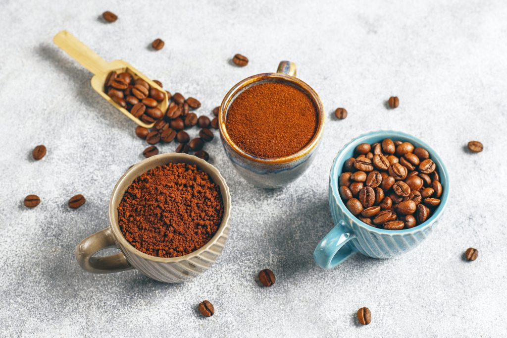 Coffee beans and ground powder.